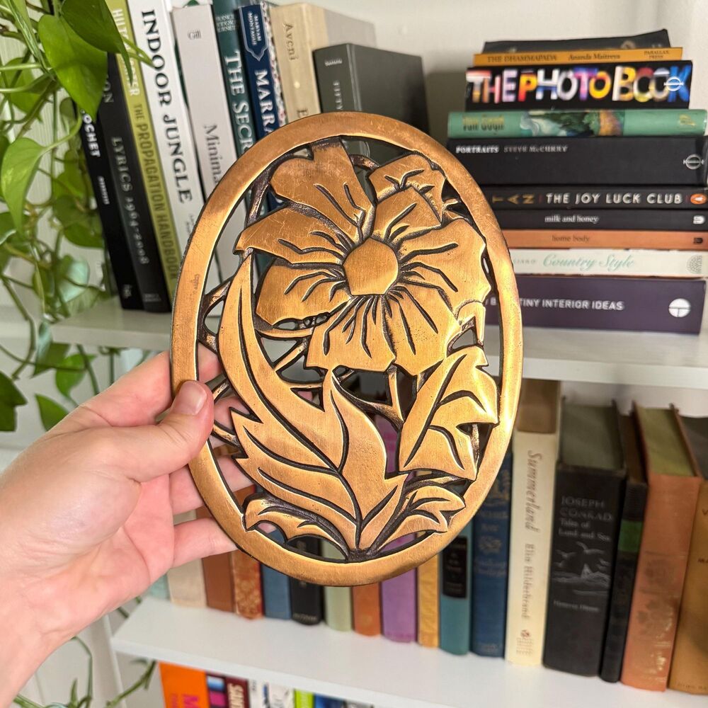 Vintage 80’s Floral Cast Iron Trivet Wall Hanging / Copper Brushed Finish